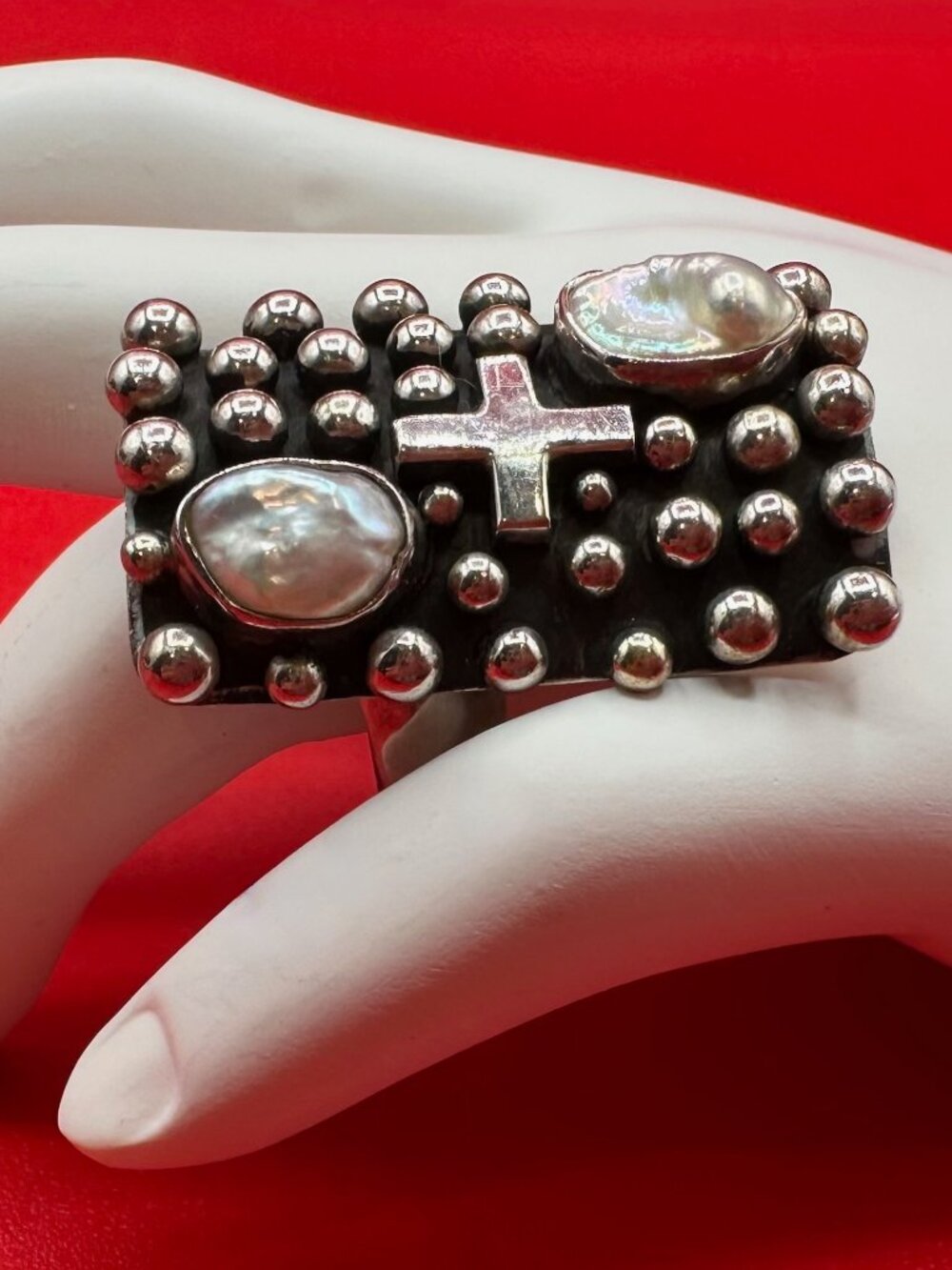 Akee Douglas Oblong Sterling Silver Raindrop Cross Freshwater Pearls Ring Size 7